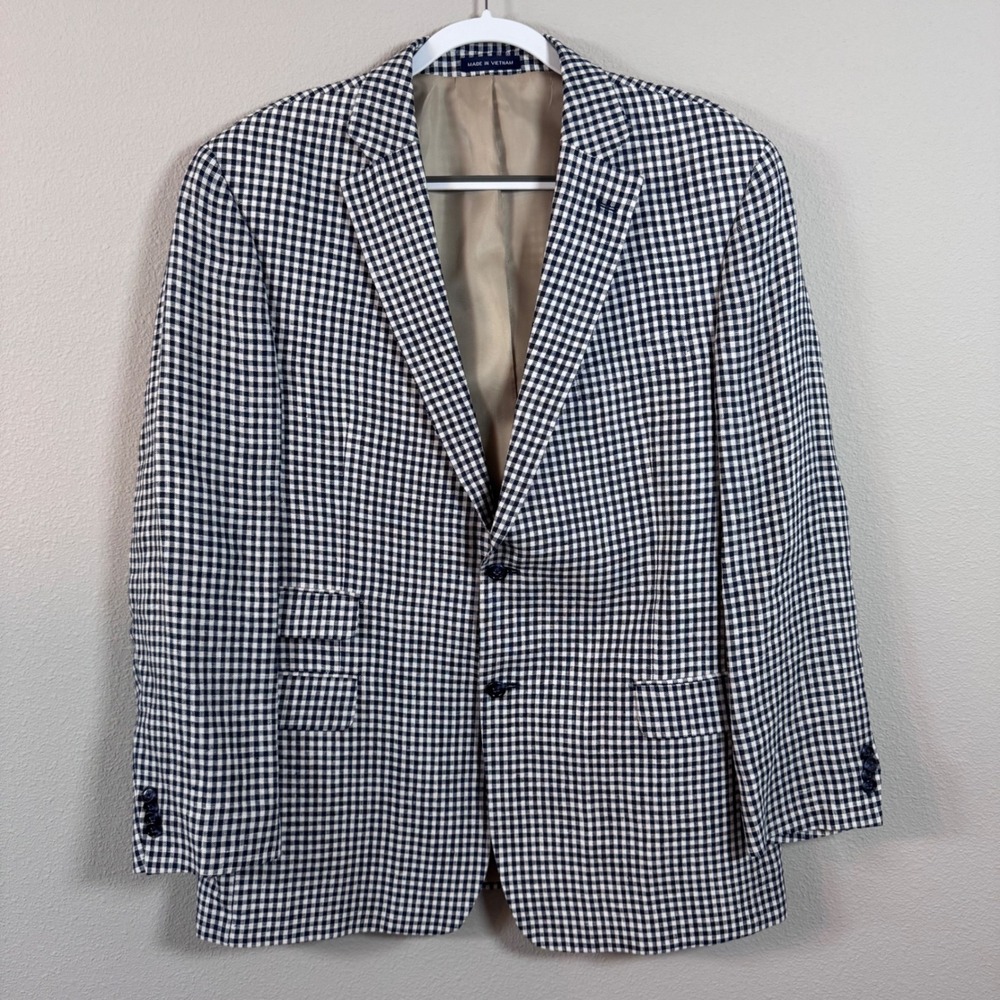 Paul Fredrick Navy Gingham 100% Linen Blazer Sport Coat Preppy Coastal Men's 44R
